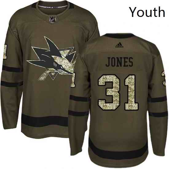 Youth Adidas San Jose Sharks 31 Martin Jones Authentic Green Salute to Service NHL Jersey